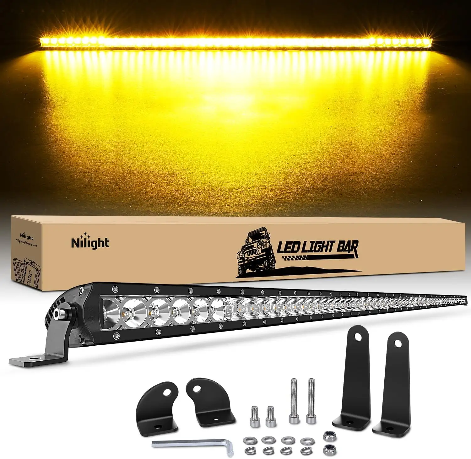 Nilight 51 Inch Amber Single Row Led Light Bar Super Slim 250W Spot & Flood Combo Driving Off Road LED Lights 3D LED Fog & Driving Light Roof Light Bars for Trucks Ford Boat ATV UTV. 2 Years Warranty