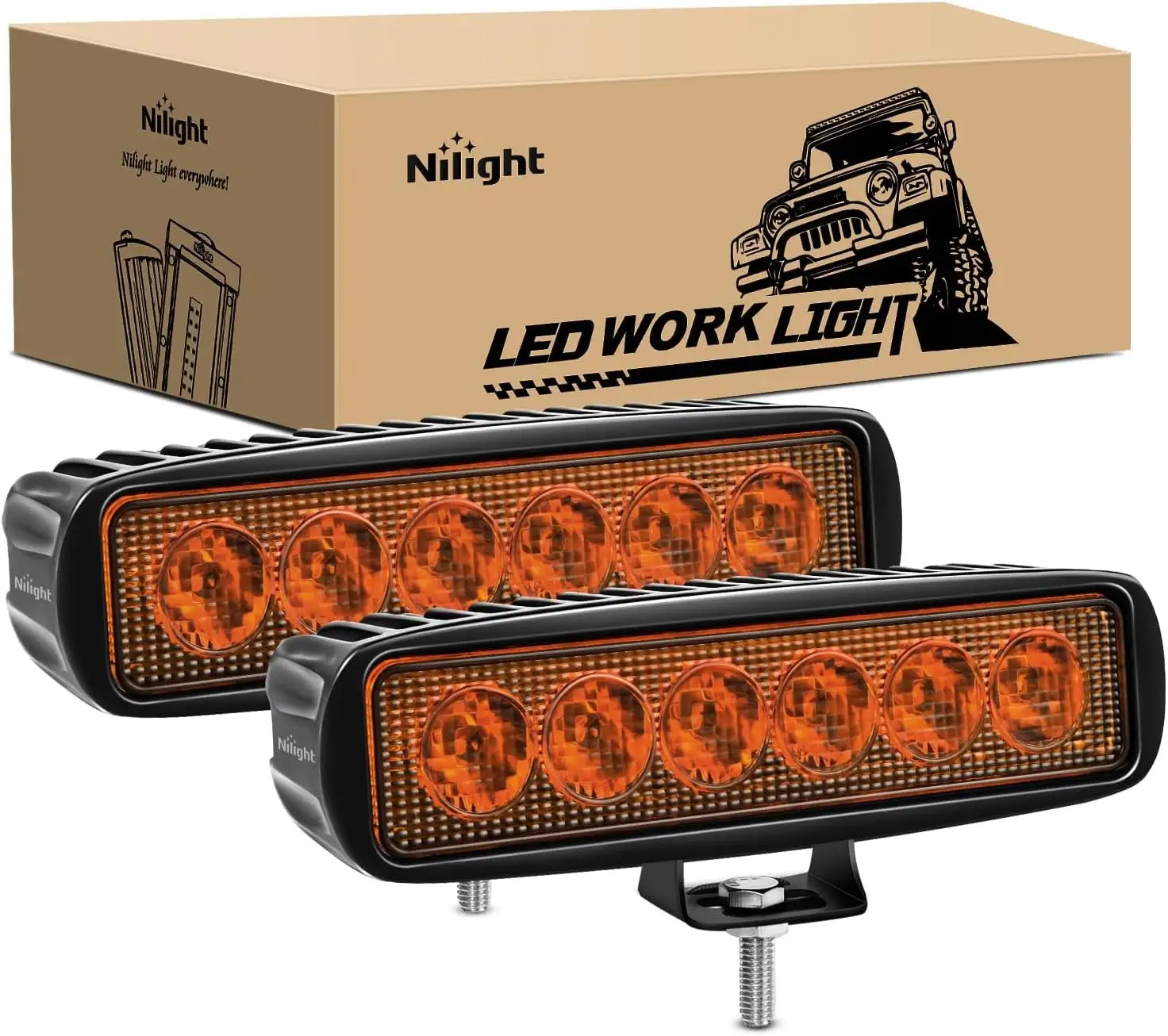 Nilight 6inch Amber Led Light Bar 2PCS 18W Spot Driving Fog Single Row Off Road Boat Lights driving lights Bumper Lights Reverse lights for Trucks SUV ATV UTV Golf Cart. 2 Years Warranty