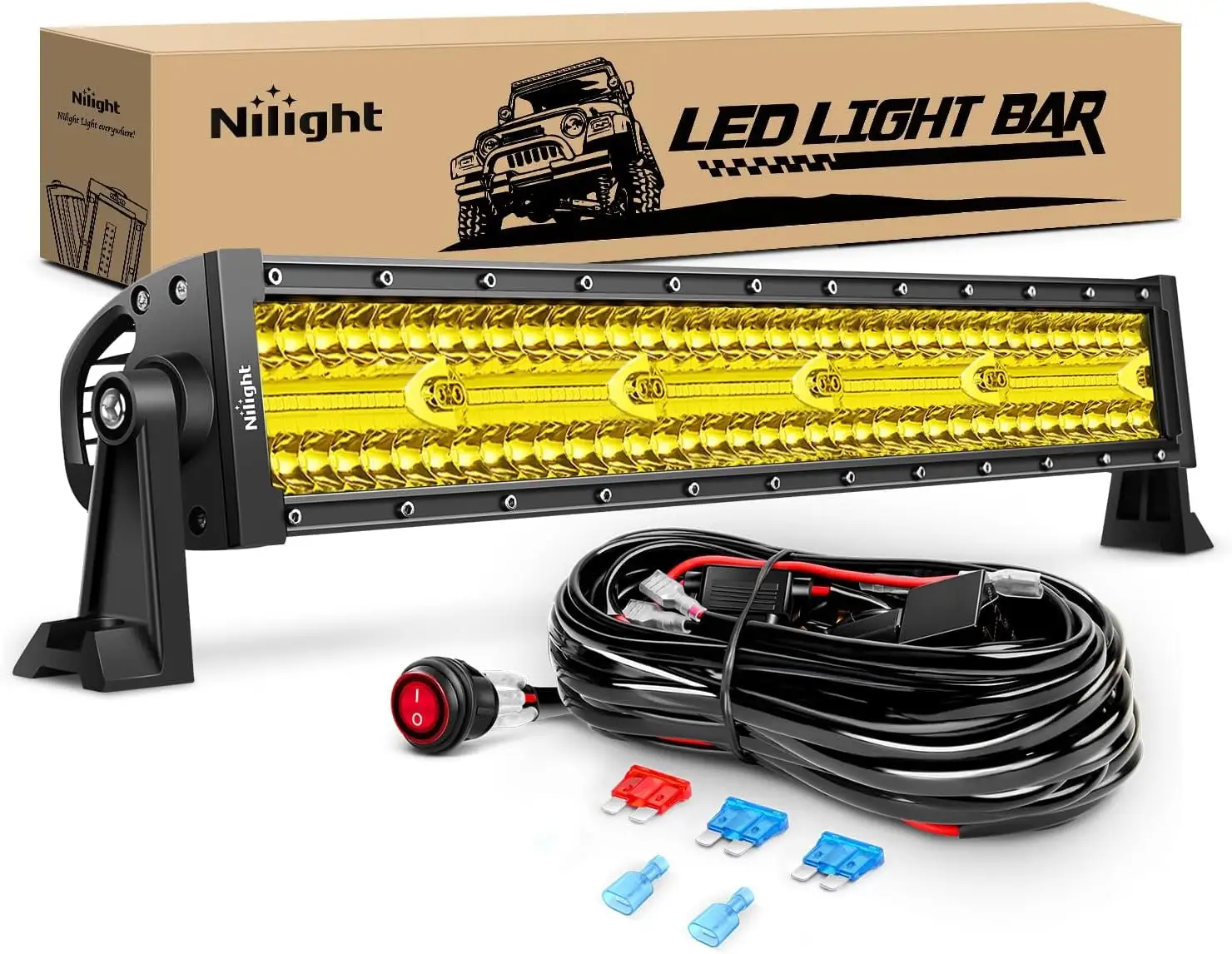 Nilight Amber Led Light Bar 22Inch 480W Triple Row Flood Spot Combo Waterproof Off Road Driving Lighting with Off-Road Wiring Harness for Boat Trucks Pickup SUV ATV UTV. 2 Years Warranty