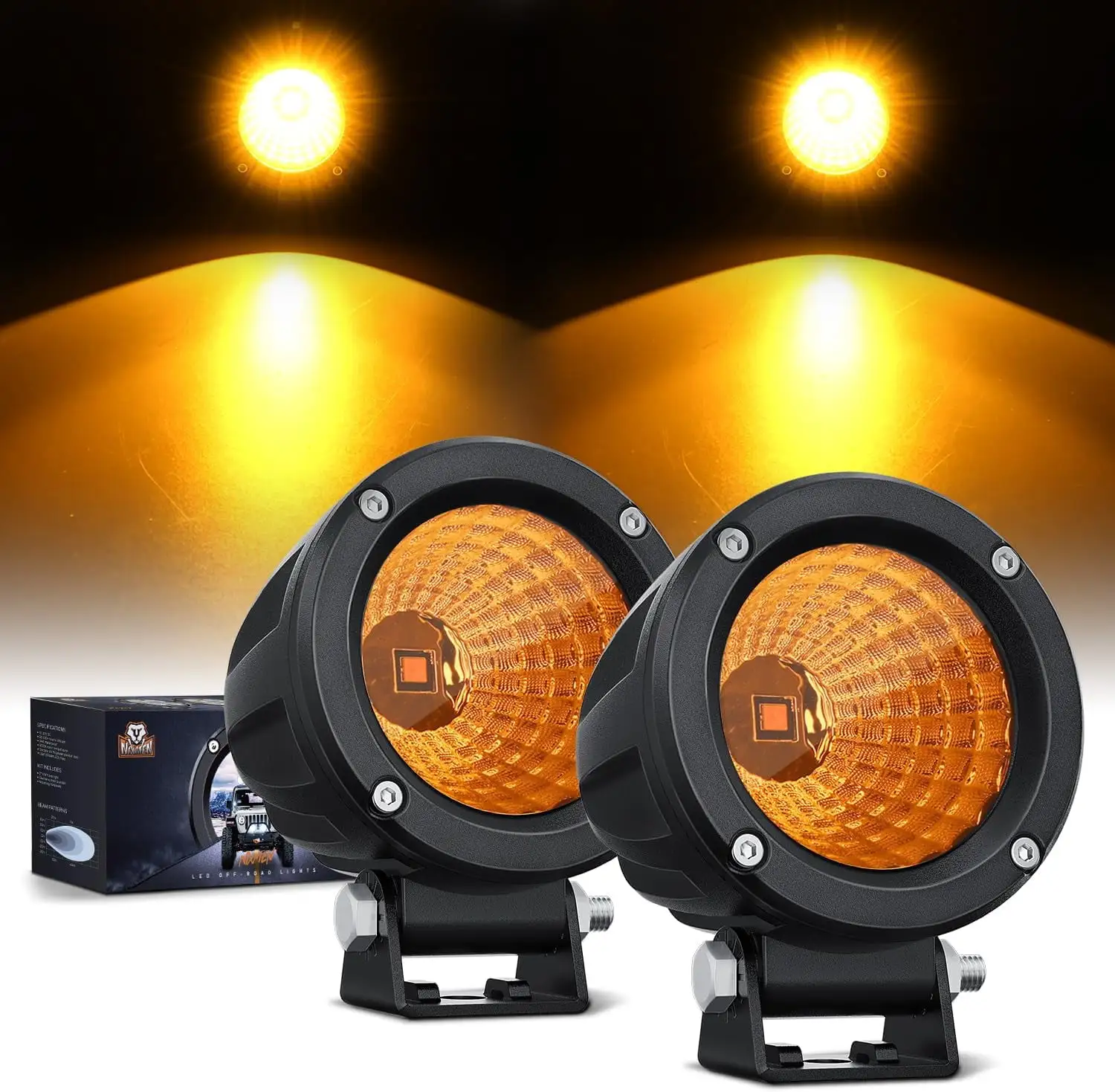 Nilight Amber Led Light Pods 2PCS 3Inch Flood Round Led Offroad Fog Light Built-in EMC Driving Lights Auxiliary Light for Motorcycle SUV ATV Truck Boat Tractor Forklift