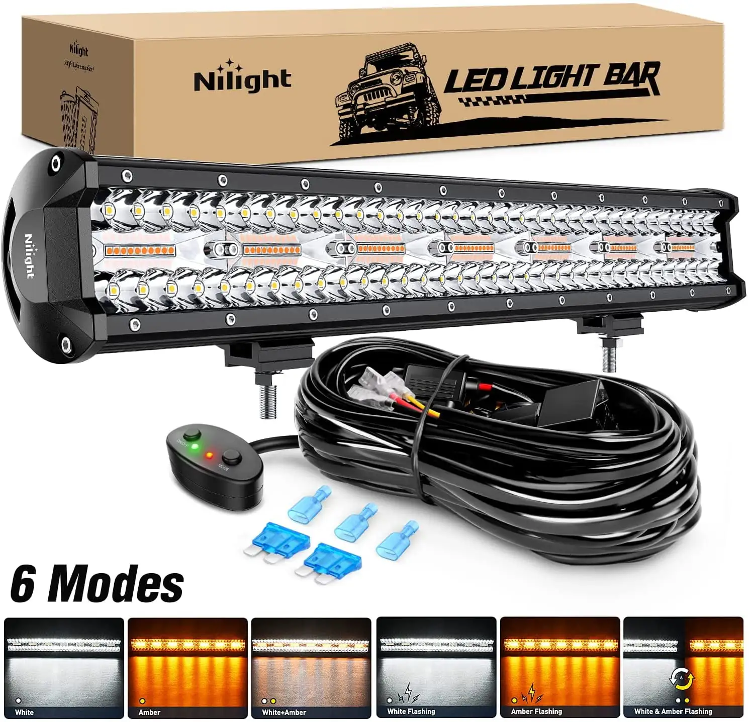 Nilight Amber White Strobe 20Inch 420W LED Light Bar Spot Flood 6 Modes with Memory Function Off-Road Truck Car ATV SUV Cabin Boat with 16AWG Wiring Harness Kit-1 Lead