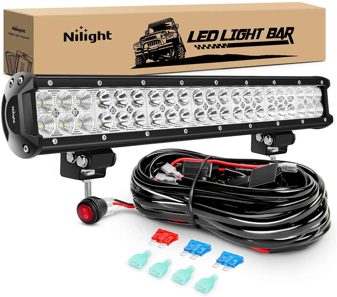 Nilight LED LIGHT BAR 20 126W Spot Flood Combo Driving Light for Jeep Off-Road ATV SUV 4WD with Wiring Harness kit -2leads