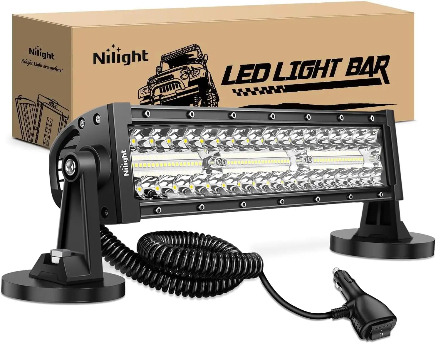 Nilight LED Light Bar 13.5Inch Triple Row Cigarette Lighter Wiring Strong Magnetic Base Spot Flood Combo 96LEDs Fog Driving Work Roof Bumper Lights for Truck Tractor Golf Cart UTV. 2 Years Warranty