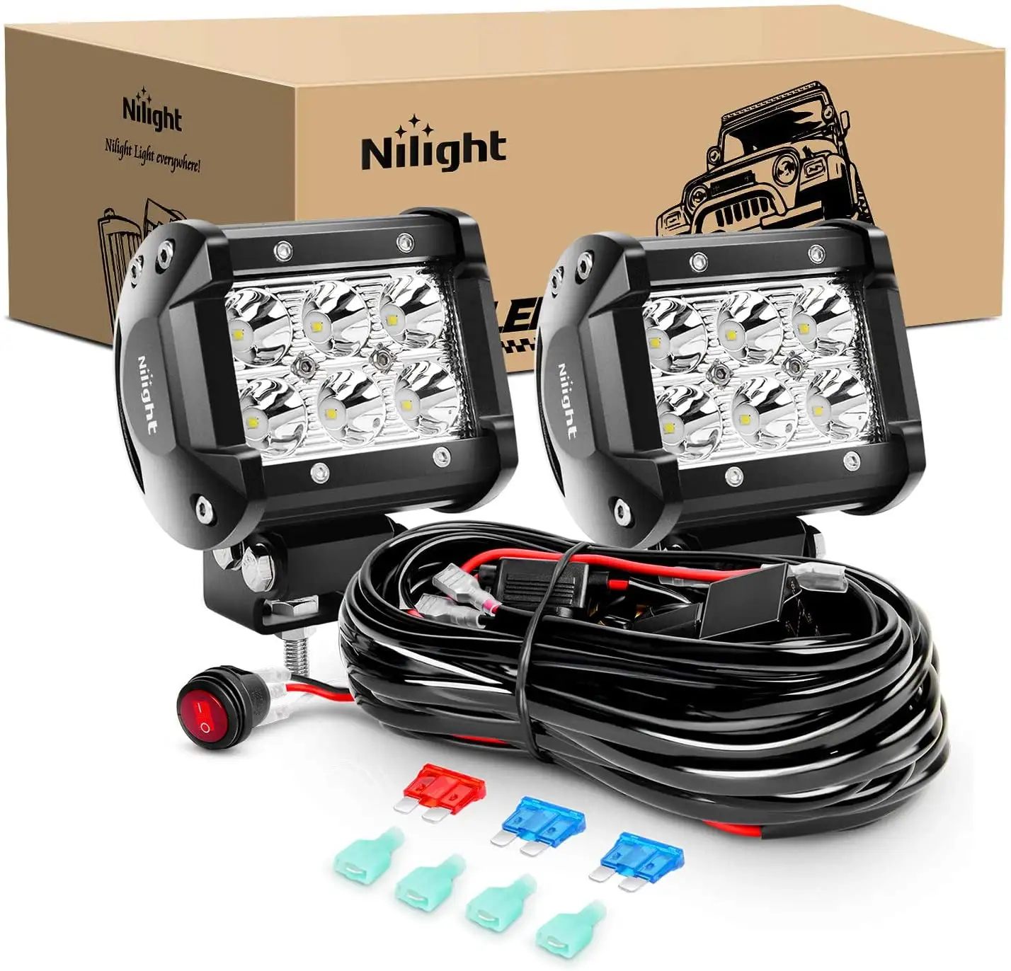 Nilight LED Light Bar 2PCS 18W Spot Off Road Lights with 16AWG Wiring Harness Kit-2 Leads. 2 Years Warranty