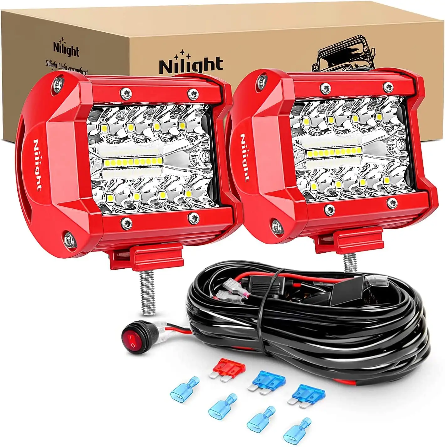 Nilight LED Light Bar 2PCS 60W 4Inch Triple Row Spot Flood Combo Lights w/Wiring Kit for Fog Light Driving Light Work Light on Off-Road Truck SUV ATV UTV. 2 Years Warranty