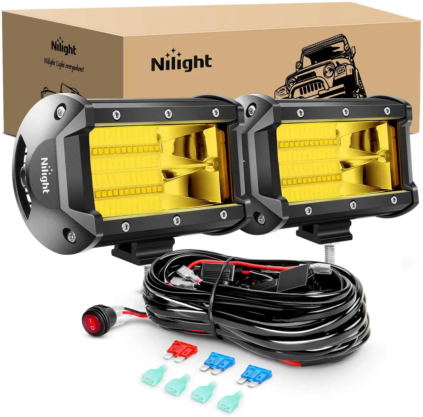 Nilight Led Light Bar 2PCS 5Inch 72W 10800Lumens Yellow Flood Beam Fog Driving Lamps Off-Road Lights with 16AWG Wiring Harness Kit-2 Lead