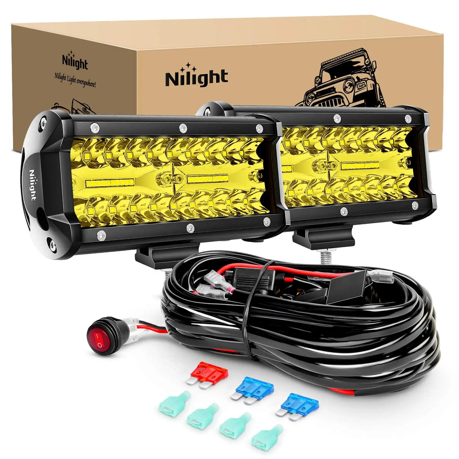 Nilight Led Light Bar SE33 2PCS 6.5 Inch Amber 120W Spot Flood Combo 12000LM Waterproof Triple Rows Off Road Fog Lights with 16AWG Wiring Harness Kit-2 Lead. 2 Year Warranty