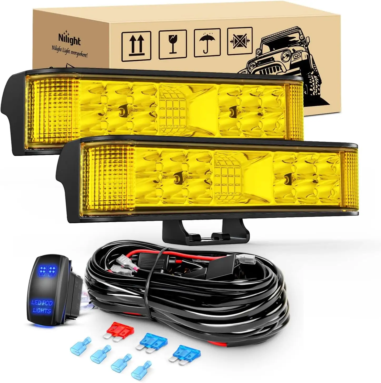 Nilight Side Shooter Amber LED Light Bar/Pods 2PCS 6.5 Inch 60W Flood Spot Beam Combo Fog/Driving Light w/ 16AWG 5Pin Rocker Switch Wiring Harness Kit for Truck ATV UTV Boat. 2 Years Warranty