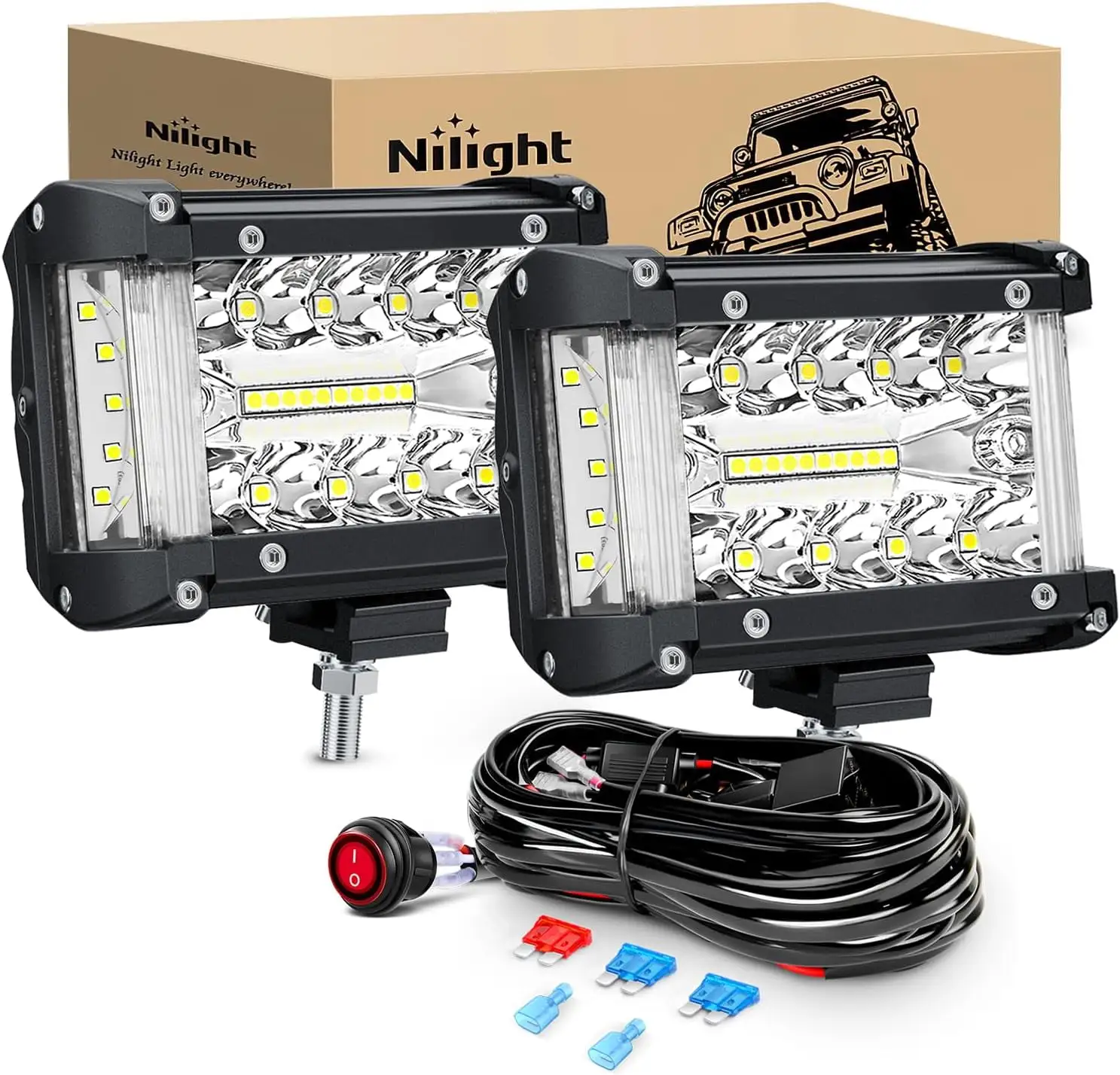 Nilight Side Shooter LED Light Bar 2PCS 4.3Inch Triple Row Spot Flood Combo Lights Led Work Light with Wiring Harness Kit for Off Road Fog Light Driving Light on Truck SUV ATV UTV. 2 Years Warranty