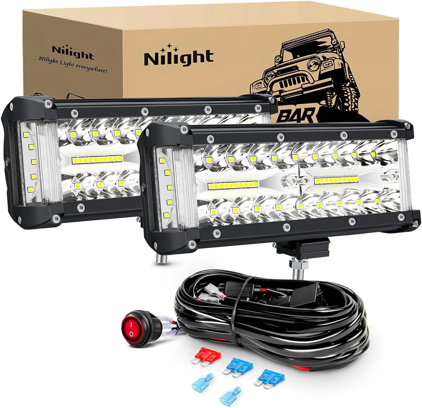 Nilight Side Shooter LED Light Bar 2PCS 7Inch Triple Row Spot Flood Combo Lights Led Work Light with Wiring Harness Kit for Off Road Fog Light Driving Light on Truck SUV ATV UTV. 2 Years Warranty