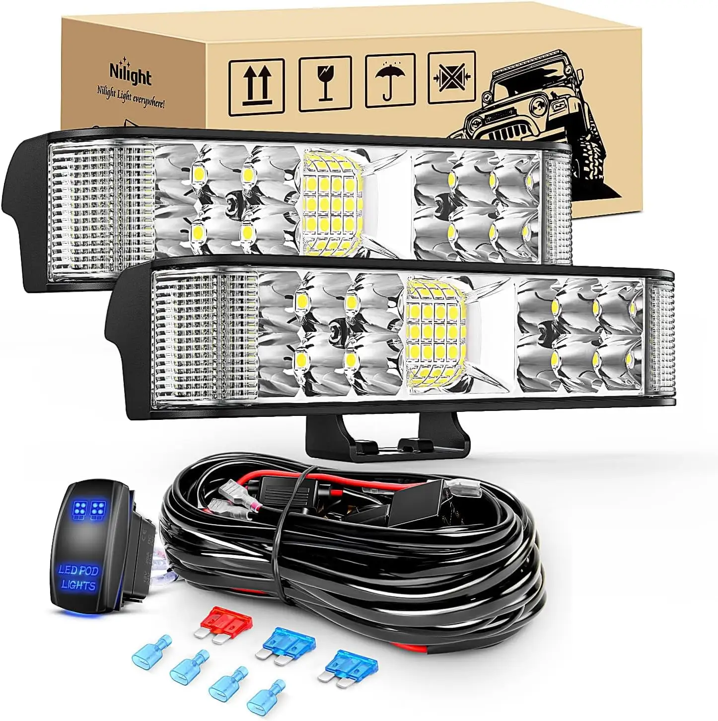 Nilight Side Shooter LED Light Bar/Pods 2PCS 6.5 Inch 60W Flood Spot Beam Combo Fog/Driving Light w/ 16AWG 5Pin Rocker Switch Wiring Harness Kit for Truck ATV UTV Boat