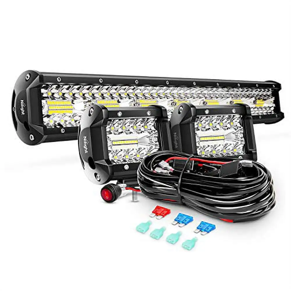 Nilight ZH412 Bar Set. 20 Inch 420W Triple Row Spot Flood Combo Work Driving Lamp. 2Pcs 4 Inch 60W Cube LED Pods Lights with Off-Road Wiring Harness-3 Leads. 2 Year Warranty