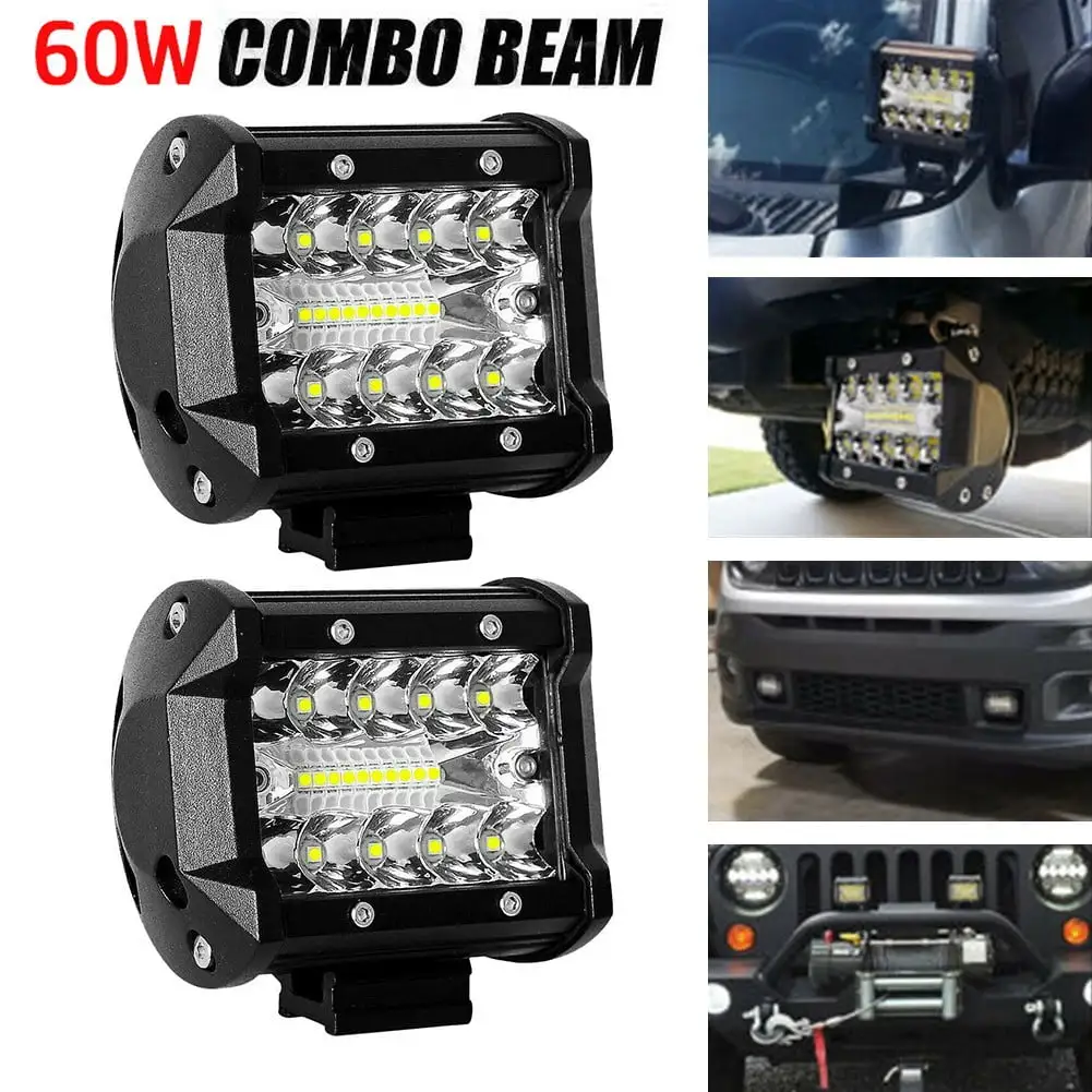 OBOSOE 2pcs 4 Inch 60W LED Work Light Bar Spot Beam Light Combo Pods Offroad Fog Lamp SUV ATV UTV Car Light Replacement Car Accessories