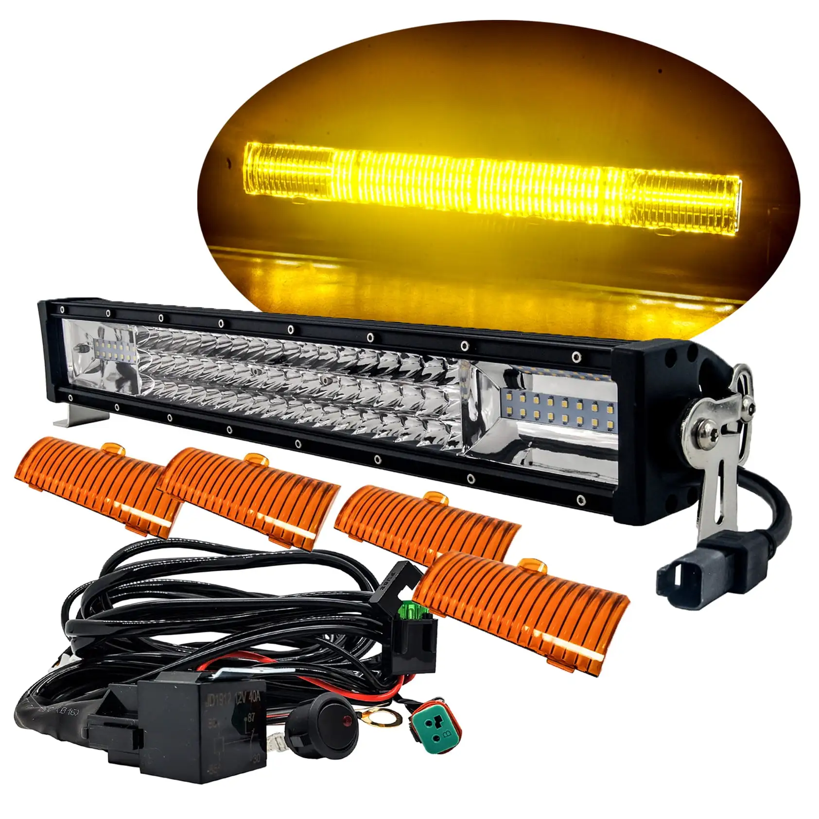 OZ-USA 22 Triple Row LED Light Bar Combo Beam Amber Lens Cover with Wire Harness Kit for UTV off-road Truck SUV