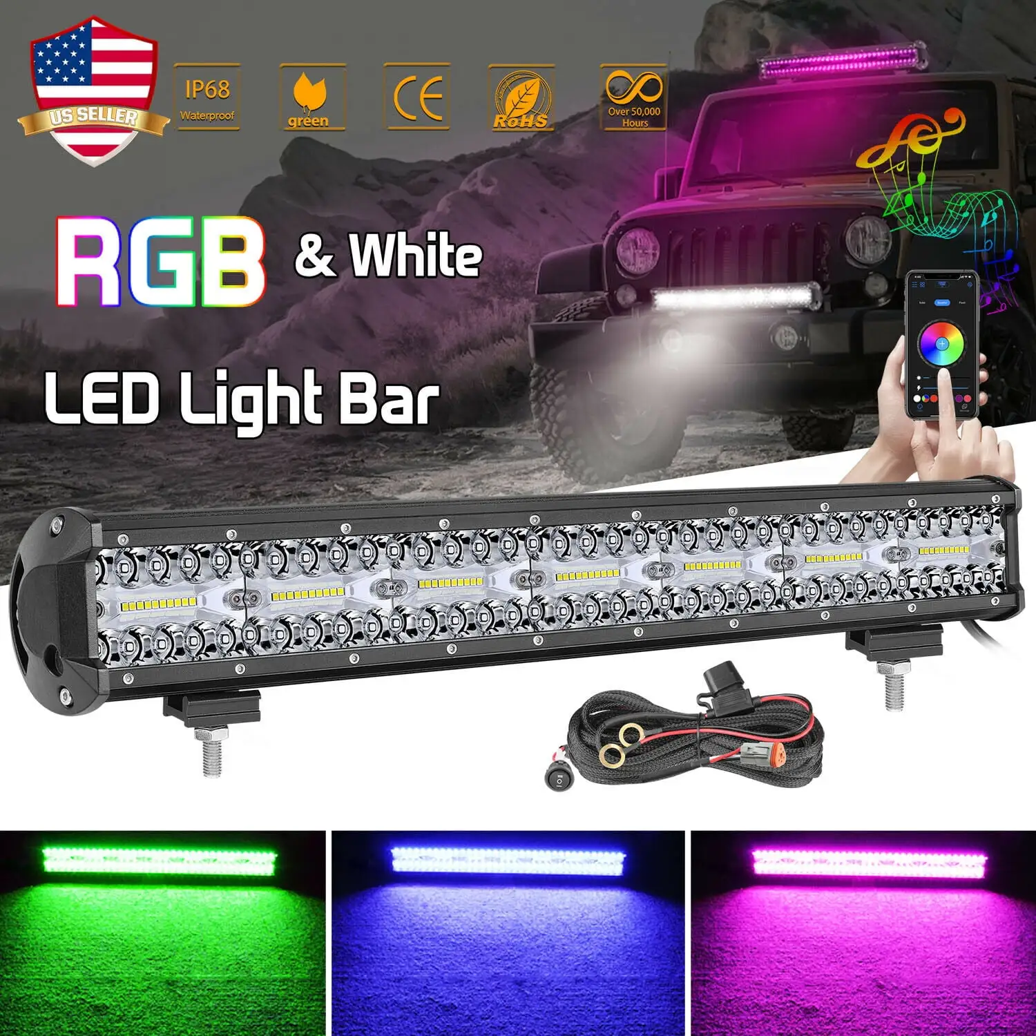 RGB LED LIGHT BAR OFFROADTOWN APP Wireless Bluetooth Spot RGB Multi-Color Music Strobe Halo W/ Flood 3000k Off-Road Driving Reverse Pods Tractor 4WD 12V. W/ PLUG PLAY WIIRNG HARNESS KIT