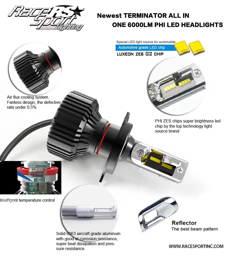 Race Sport Lighting H1TLED Terminator Series H1 Fanless Headlight Conversion Kit