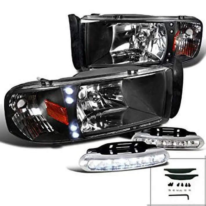 Ram 1500 LED DRL Black Headlights W/LED Strip Fog Bumper Lamps