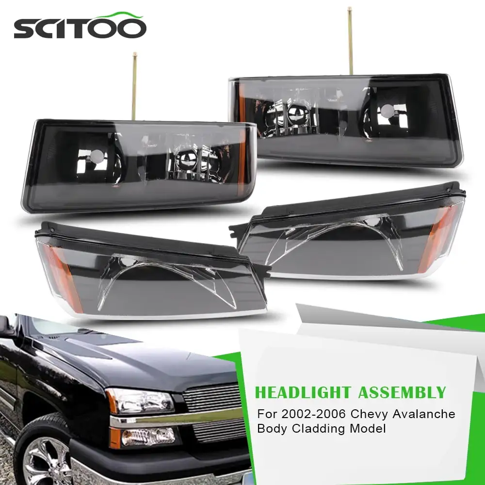 SCITOO Fit for 4pcs for Chevy Avalanche Body Cladding Model 2002-2006 Headlight Assembly Headlamps Replacement + Front Signal Lights (Left and Right Side)