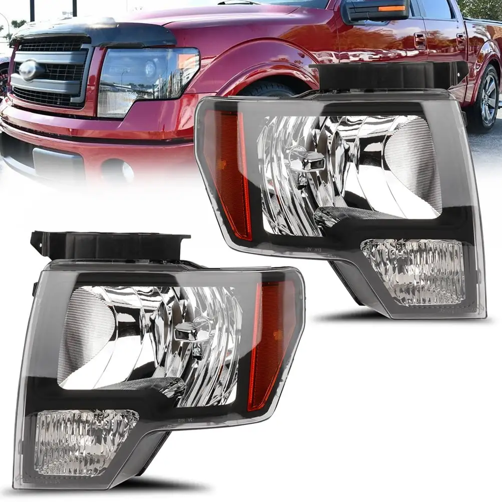 SCITOO Headlight Assembly Fit For Ford For F-150 2009 2010 2011 2012 2013 2014 Headlamp in Black Housing Amber Reflector Clear Lens