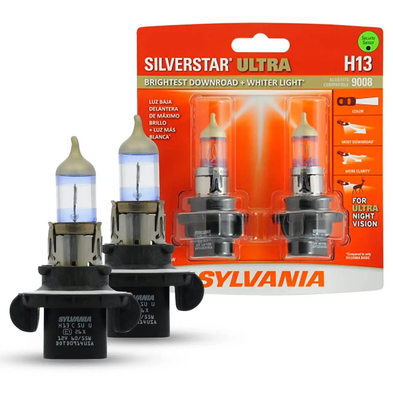 SYLVANIA - H13 SilverStar MMF7 Ultra - High Performance Halogen Headlight High Beam. Low Beam and Fog Replacement Brightest Downroad with Whiter Light. Tri-Band Technology (Contains 2 Bulbs)