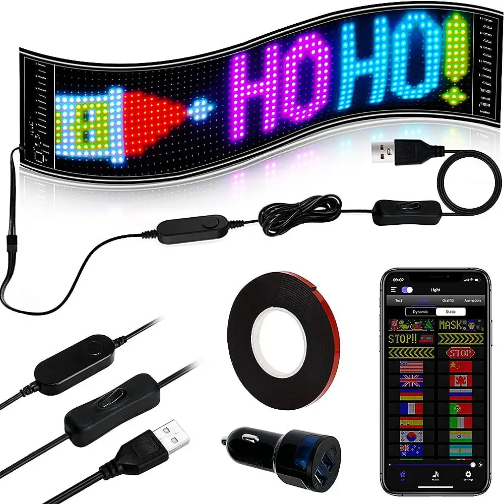 Scrolling Bright Advertising LED Signs. Flexible USB 5V LED Car Sign Bluetooth App Control Custom Text Pattern Animation Programmable LED Display for Store Car Bar Hotel (14.6x3.6'')