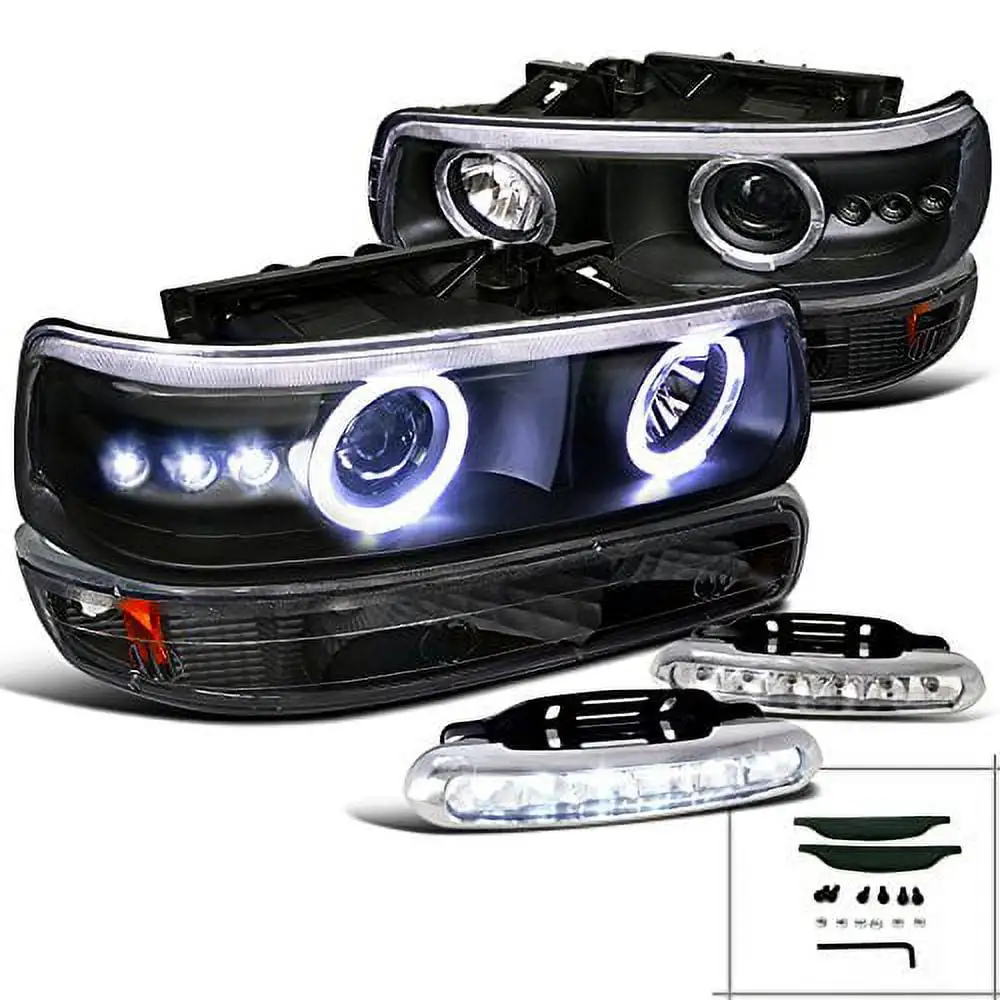 Silverado Black Halo Projector Headlight+Bumper Lamp+LED Fog Light DRL