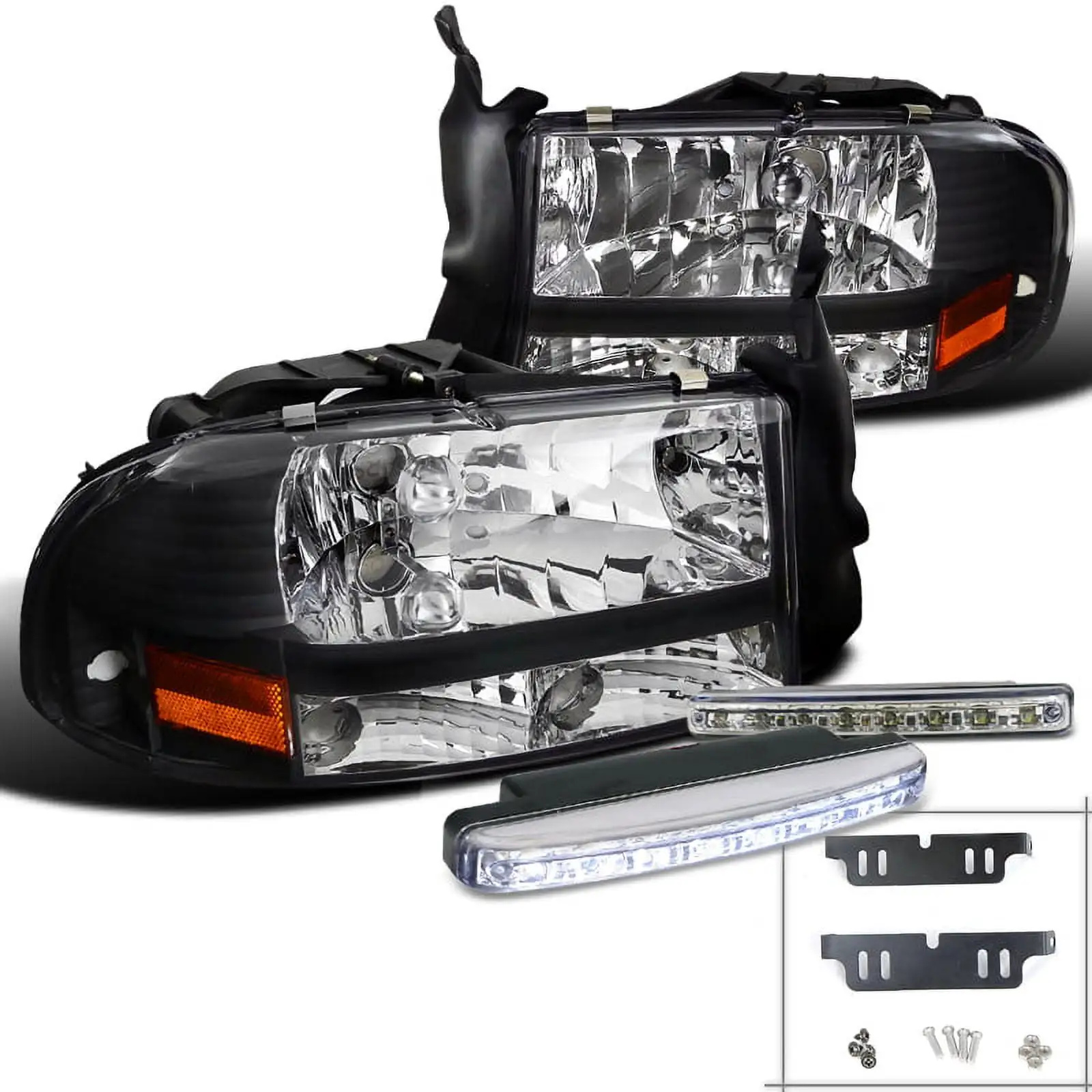 Spec-D Tuning Black Headlight W/ White Led Bumper Fog Light for 1997-2003 Dodge Dakota Left + Right Pair