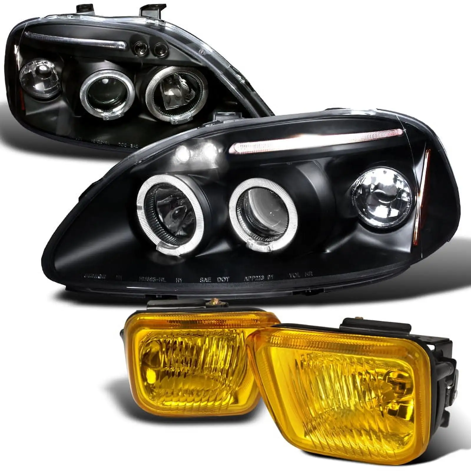 Spec-D Tuning Black Headlights Yellow Fog Lights Compatible with Honda Civic 2 3 4 Dr. Dx Ex Left + Right Pair Headlamps Assembly