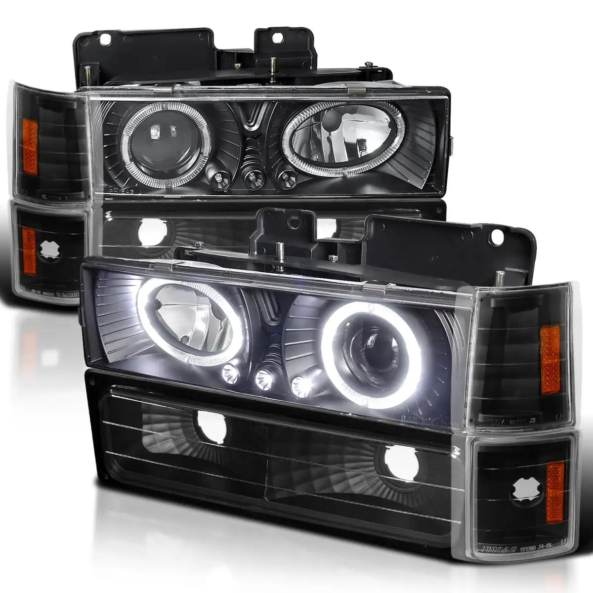 Spec-D Tuning Black LED Halo Projector Headlights + Bumper Lights + Corner Compatible with 1994-1998 GMC C/K C10. Sierra. Yukon. Suburban Left + Right Pair Headlamps Assembly