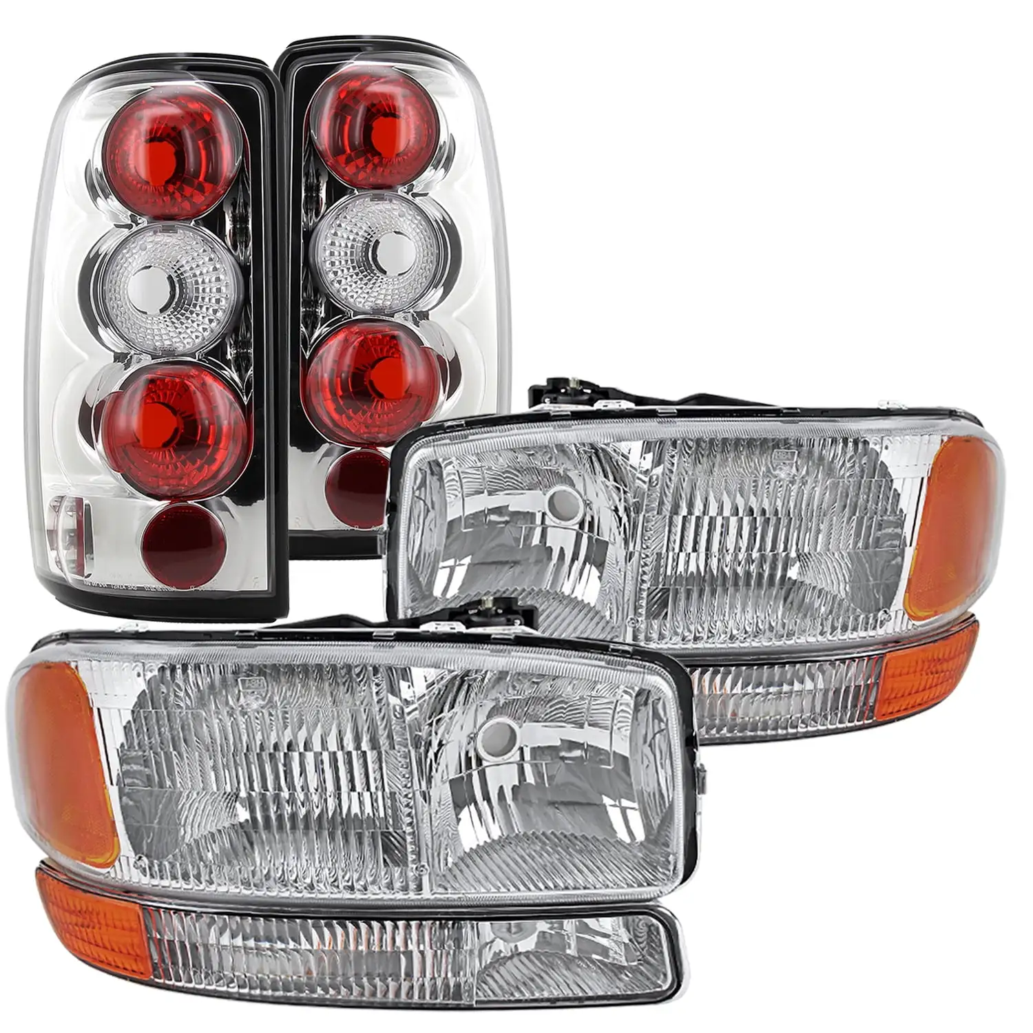 Spec-D Tuning Chrome Clear Headlights + Bumper Lights + Clear Tail Lights Compatible with 1999-2002 GMC Sierra Left + Right Pair Headlamps Assembly