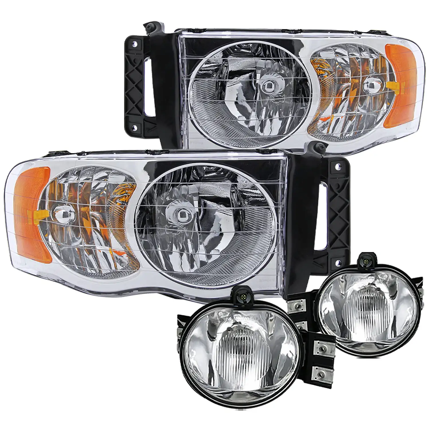 Spec-D Tuning Chrome Crystal Headlights + Clear Bumper Fog Lights for 2002-2005 Dodge Ram Left + Right Pair