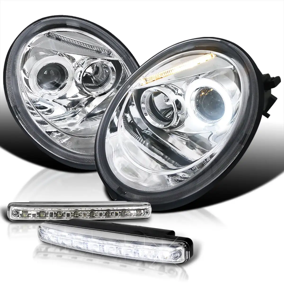 Spec-D Tuning Chrome Halo Projector Headlight + White LED Bumper Fog Lamp Compatible with 1998-2005 Volkswagen Beetle Left + Right Pair Headlamps Assembly