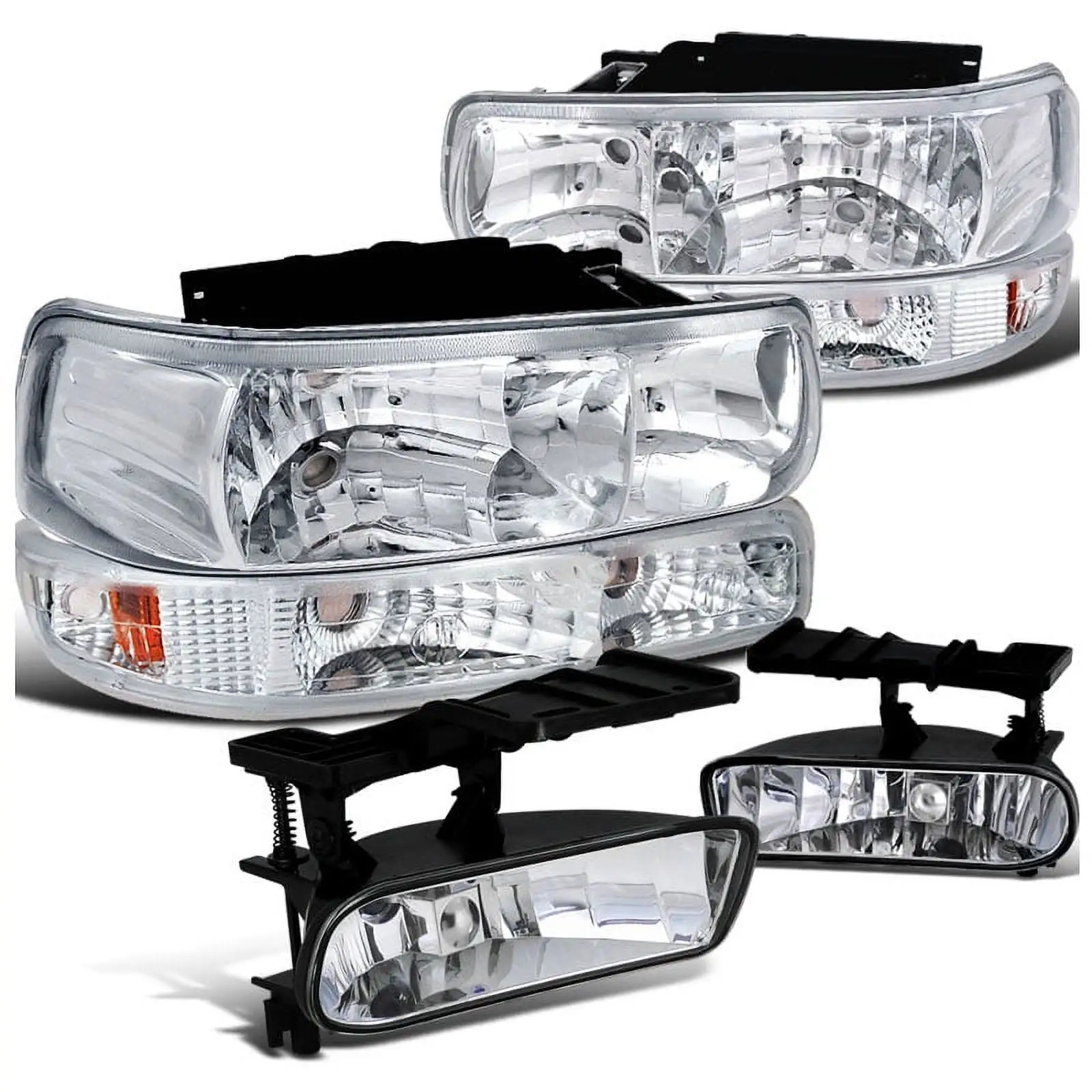 Spec-D Tuning Chrome Headlights Bumper Lamps + Clear Fog Light 6Pc Kit Compatible with 1999-2002 Chevy Silverado Left + Right Pair Headlamps Assembly