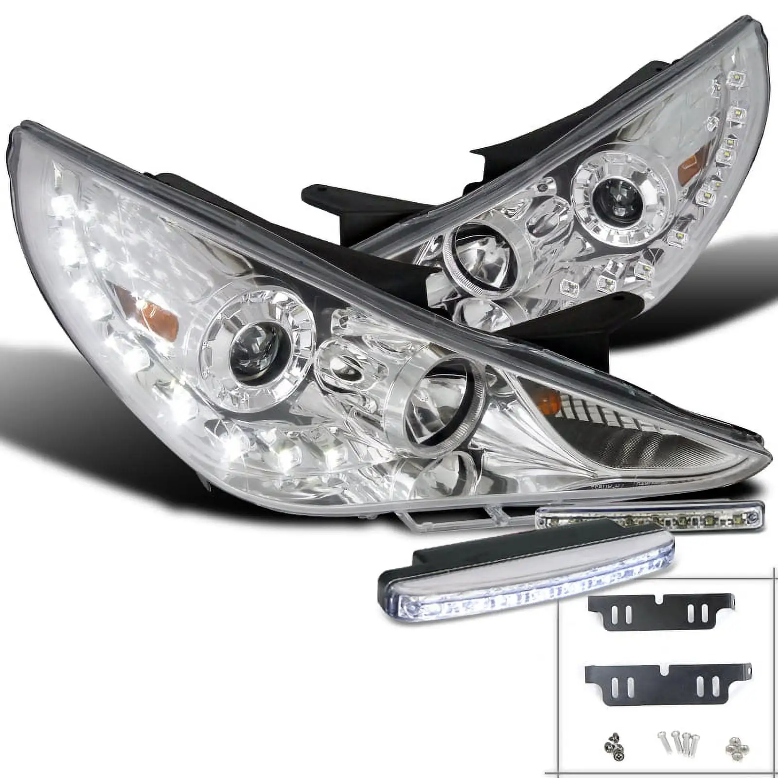 Spec-D Tuning Chrome SMD LED Projector Headlights + 8-LED Bumper Lights Compatible with 2011-2014 Hyundai Sonata Left + Right Pair Headlamps Assembly