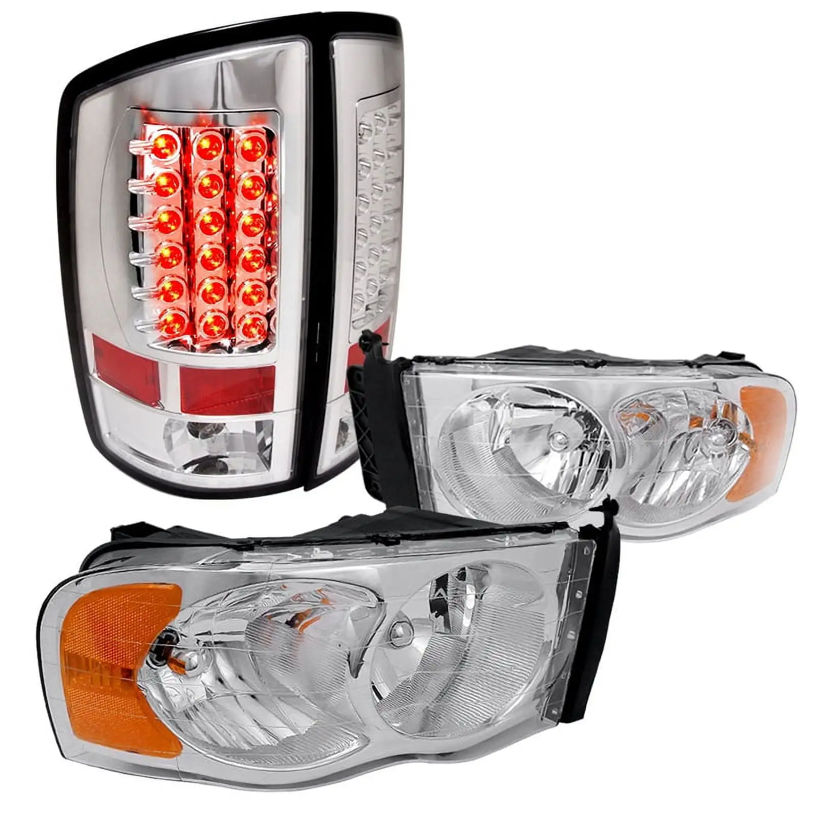 Spec-D Tuning Clear Headlights + Led Brake Lamps Tail Lights for 2002-2005 Dodge Ram 1500 2500 3500 Pickup Left + Right Pair