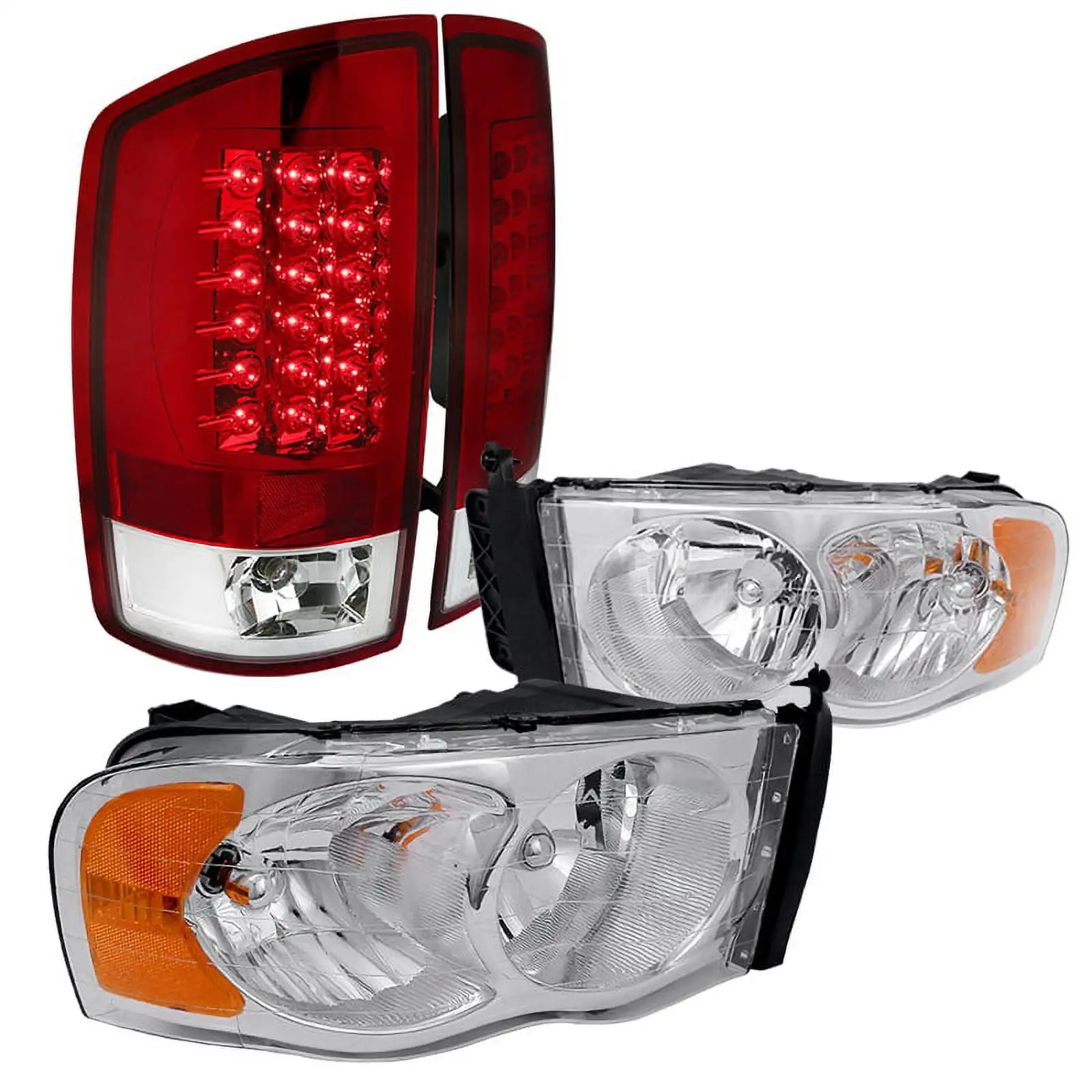 Spec-D Tuning Clear Headlights + Red Led Tail Lights Brake Lamps 4Pc for 2002-2005 Dodge Ram 1500 2500 3500 Left + Right Pair