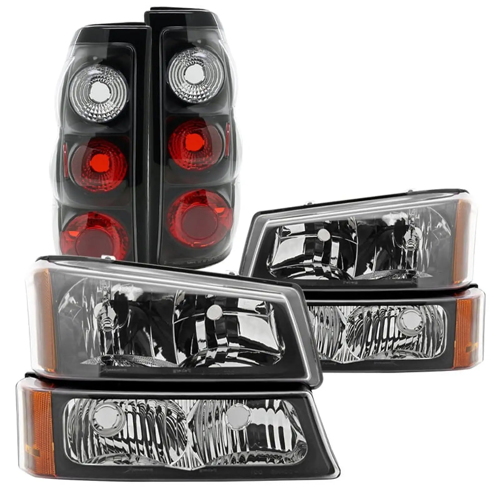 Spec-D Tuning Crystal Black Headlights + Bumper Lights Parking Lamps + Tail Lights Compatible with 2003-2007 Chevy Silverado Left + Right Pair Headlamps Assembly