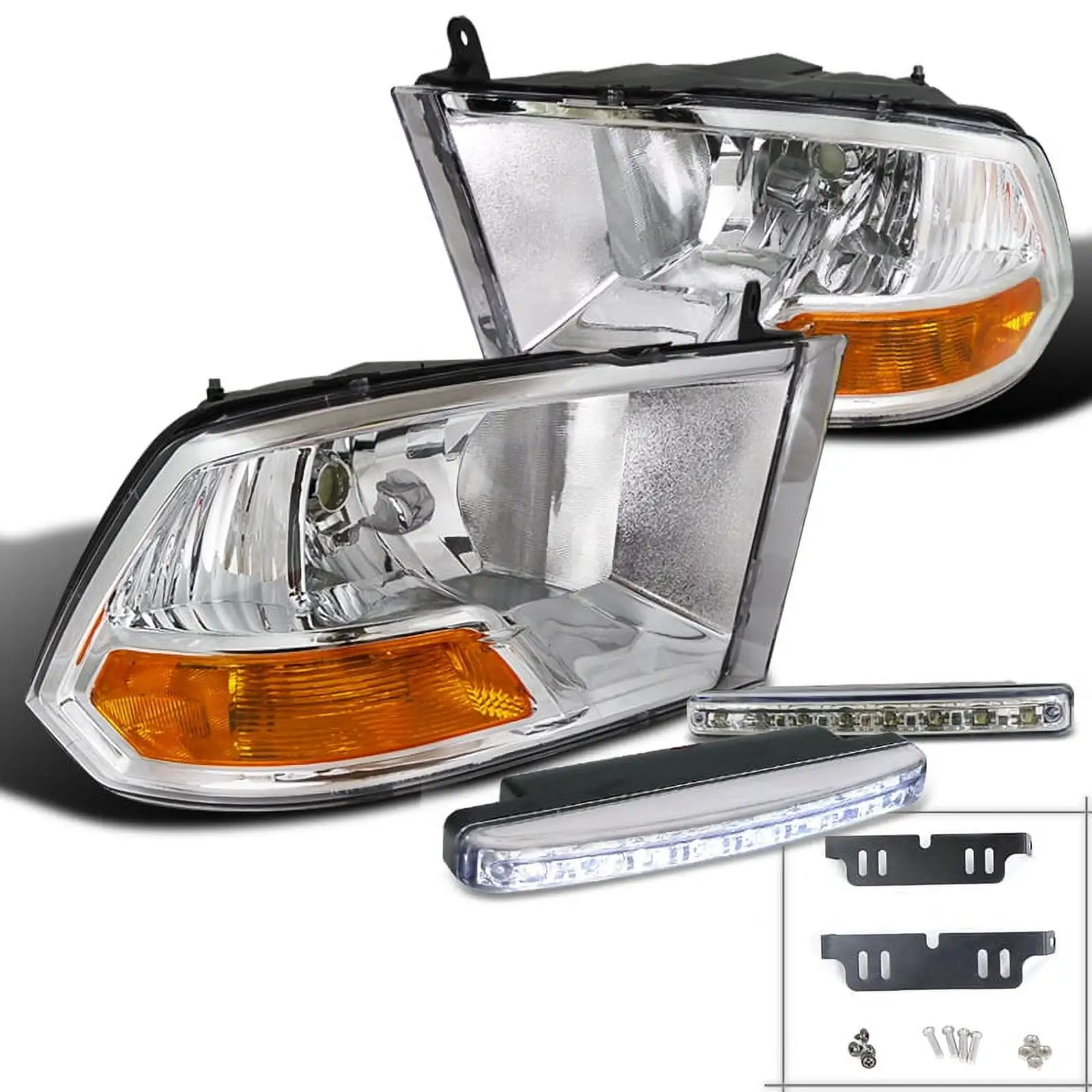 Spec-D Tuning Diamond Chrome Headlights + 8-Led Bumper Light for 2009-2012 Dodge Ram 1500 2500 3500