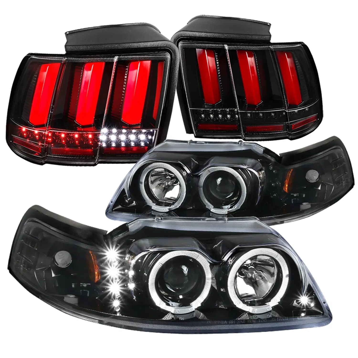 Spec-D Tuning Dual Halo Jet Black Projector Headlights + Sequential LED Tail Lamps Compatible with 1999-2004 Ford Mustang Left + Right Pair Headlamps Assembly