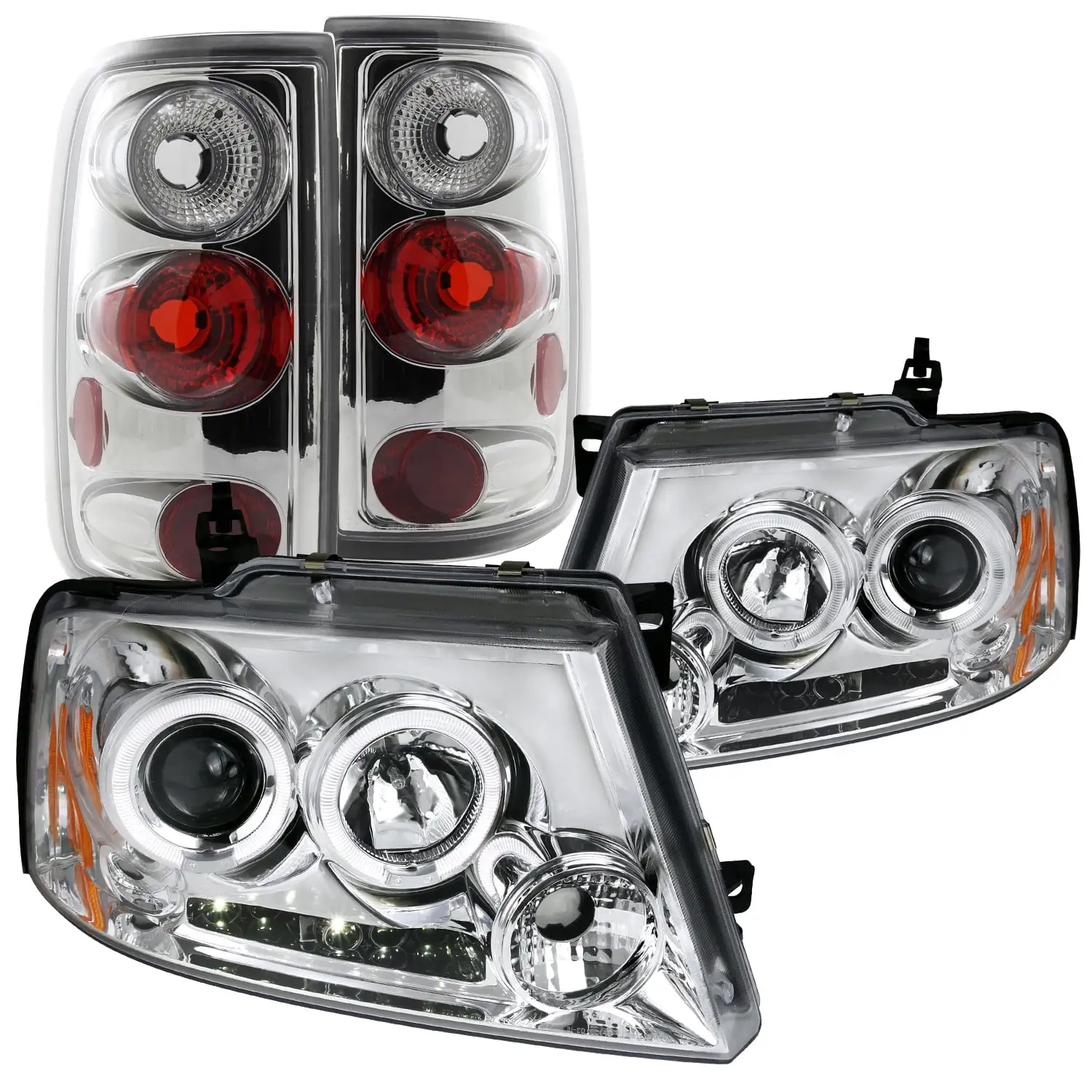 Spec-D Tuning Dual Halo Projector LED Headlights + Chrome Tail Lights Brake Lamps Compatible with 2004-2008 Ford F150 Left + Right Pair Headlamps Assembly