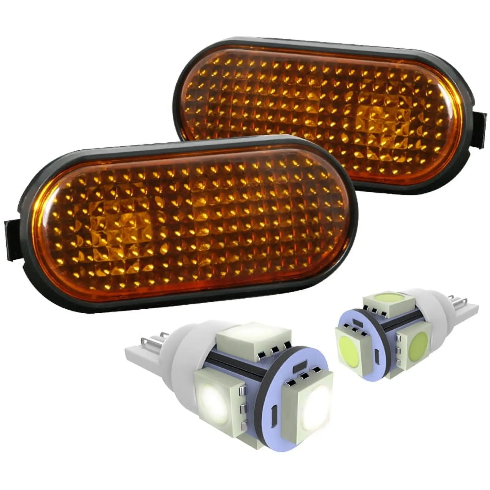 Spec-D Tuning Flat Fender Smoke Amber Front Side Markers + T10 Led Bulbs for 1992-1995 Honda Civic Left + Right Pair