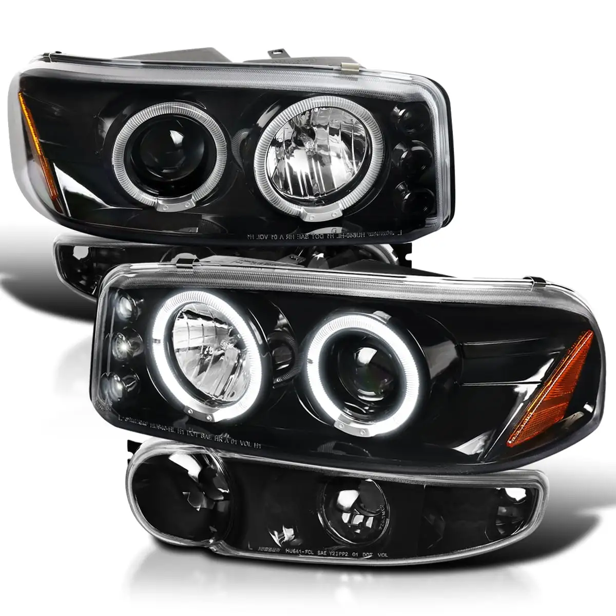 Spec-D Tuning Glossy Black Housing Clear Lens LED Halo Projector Headlights + Bumper Lights Compatible with 2001-2006 GMC Yukon Denali Left + Right Pair Headlamps Assembly