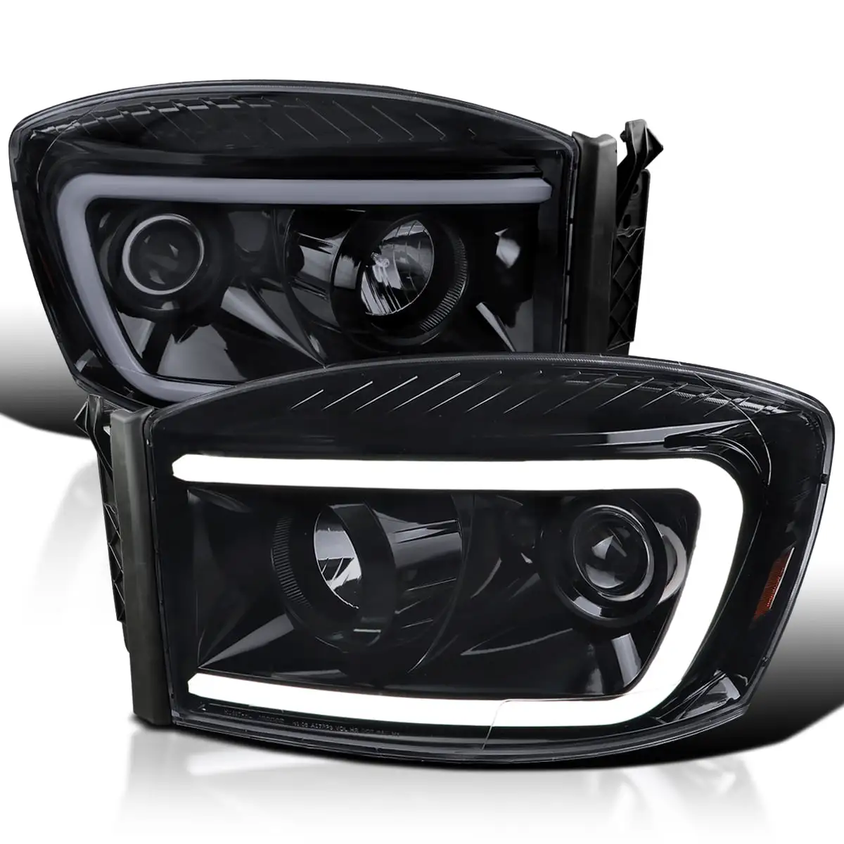 Spec-D Tuning Glossy Black Housing Smoke Lens Projector Headlights w/ Switchback LED Light Bar Compatible with 2006-2008 Dodge Ram 1500 2500 3500 Left + Right Pair Headlamps Assembly