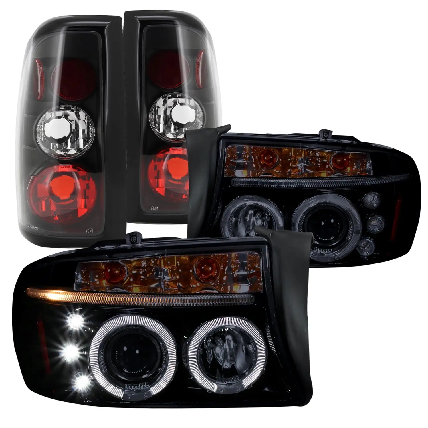 Spec-D Tuning Glossy Black Led Halo Projector Headlights + Tail Lights for 1997-2004 Dodge Dakota Left + Right Pair