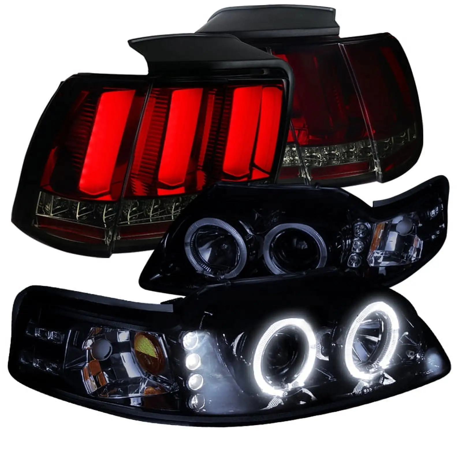 Spec-D Tuning Glossy Black Projector Headlights + Red/Smoke LED Tail Brake Lamps Compatible with 1999-2004 Ford Mustang Left + Right Pair Headlamps Assembly