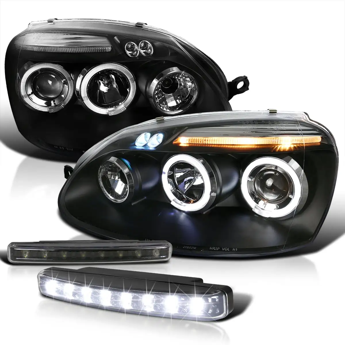 Spec-D Tuning Halo Black Projector Headlight + 8-LED Bumper Fog Lights Compatible with Volkswagen Jetta Left + Right Pair Headlamps Assembly