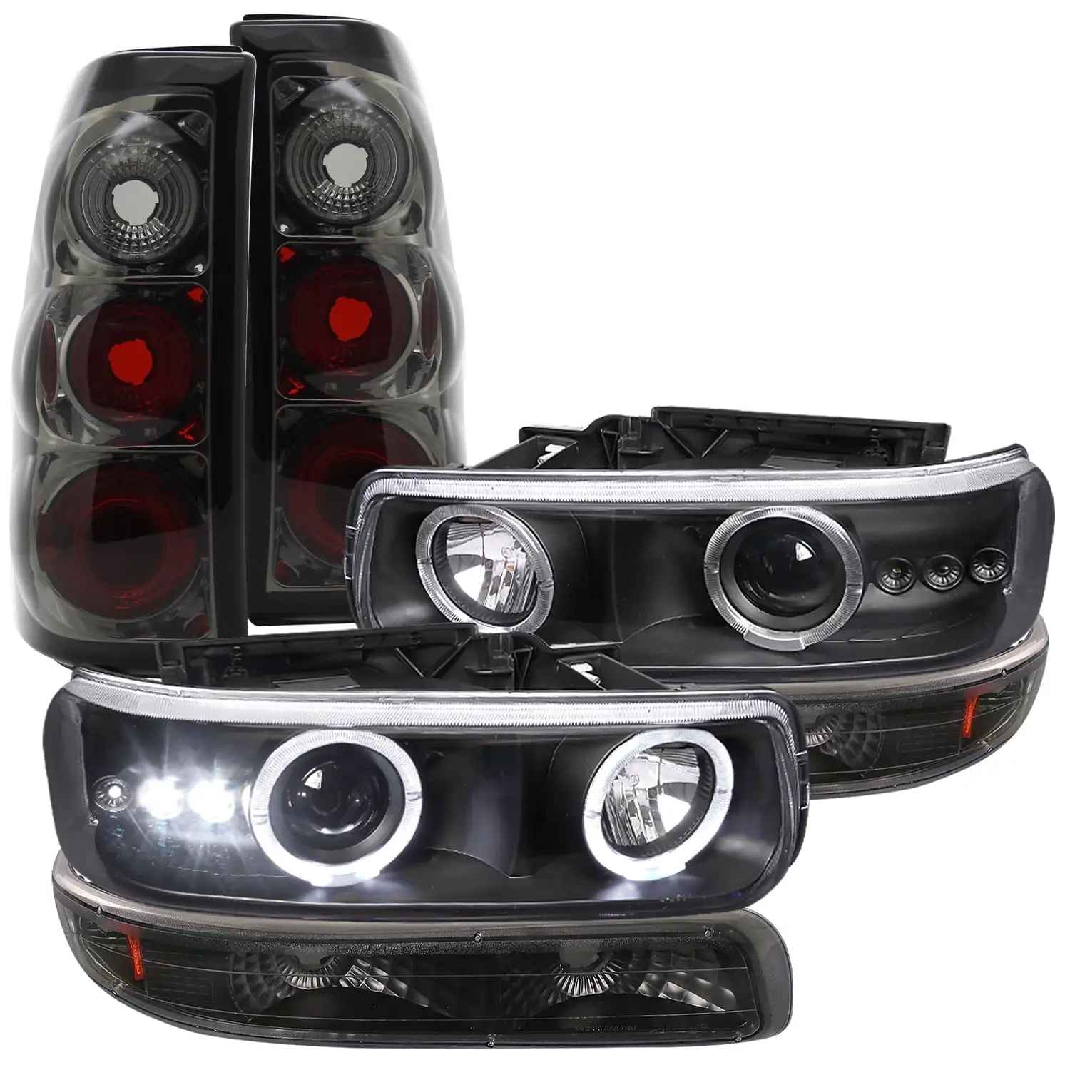 Spec-D Tuning Halo Black Projector Headlight + Bumper Lights Lamp + Smoke Tail Lights for 1999-2002 Chevy Chevrolet Silverado Left + Right Pair