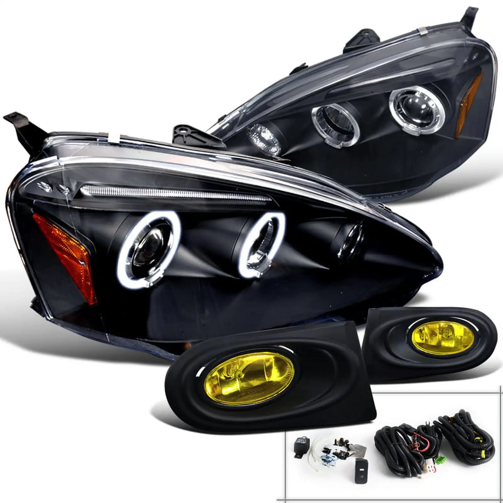 Spec-D Tuning Jdm Halo Black Projector Headlights + Yellow Driving Fog Lamps Compatible with 2002-2004 Acura RSX Left + Right Pair Headlamps Assembly