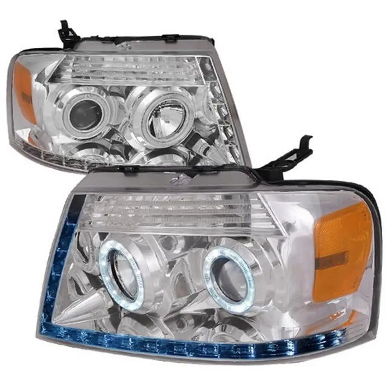 Spec-D Tuning LED Halo Chrome Housing Clear Lens Headlights Compatible with 2004-2008 Ford F150. 2006-2008 Lincoln Mark LT. Left + Right Pair Headlamps Assembly