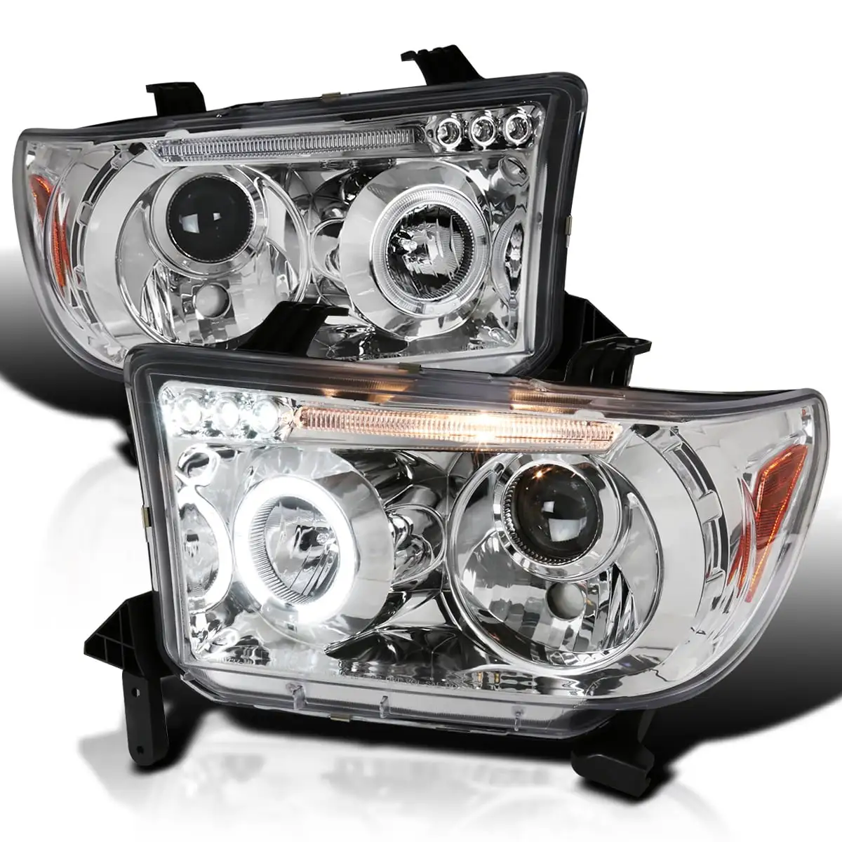 Spec-D Tuning LED Halo Chrome Housing Clear Lens Projector Headlights Compatible with 2007-2013 Toyota Tundra. 2008-2017 Toyota Sequoia Left + Right Pair Headlamps Assembly